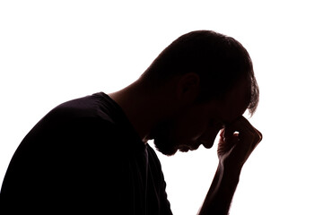 Sad man young unshaven business clothes silhouette - white background isolate