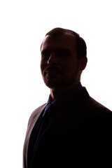 Smiling man young unshaven business clothes silhouette - white background isolate