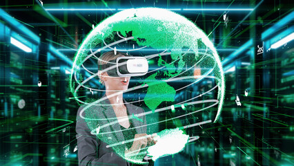Woman selecting data dynamic market rotating green world distributing analysis by VR future global innovation interface digital infographic network technology virtual hologram animation. Contraption.