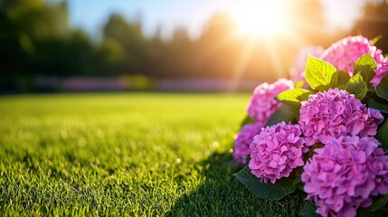Obraz premium Pink flowers atop a verdant grass field with the sun behind