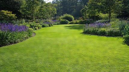   A lush green field with abundant purple flowers centered between towering trees