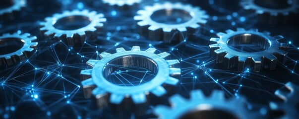 Abstract close-up of blue gears with glowing lines.