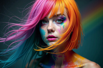Fototapeta premium Portrait of a girl with multicolored hair and face paint. AI generative.