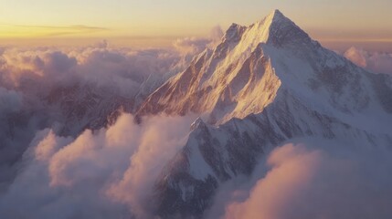 Snow-capped Mountain Peak Emerging Through Clouds at Sunset