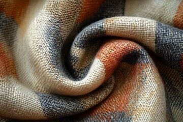 Close-up of a textured fabric with warm colors and a plaid pattern, showcasing intricate weaving techniques