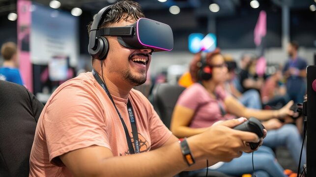 An interactive gaming expo with developers showcasing the latest video games, attendees engaging in immersive experiences and virtual worlds