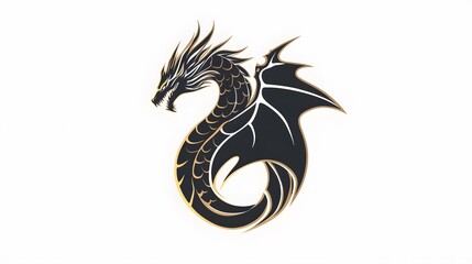 Obraz premium Black and gold dragon with wings curled around body.