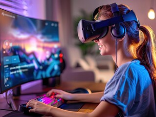 A virtual reality gaming setup with nonessential accessories like motion sensors and immersive screens, elevating the gaming experience