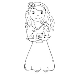 Obraz premium First communion girl. Vector illustration. Beautiful girl in communion dress and with Bible. Black and white graphic arts. Handmade. Isolated and flat illustration. Holy communion