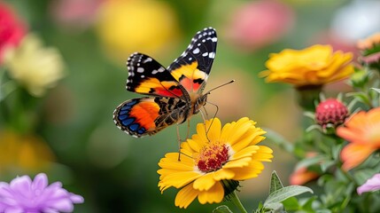 Obraz premium A vibrant garden with essential pollinators like bees and butterflies, highlighting the interconnectedness of nature and life