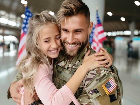 A soldier returning home, embracing family members at the airport, surrounded by joyful tears and flags waving, symbolizing a heartfelt memory of reunion