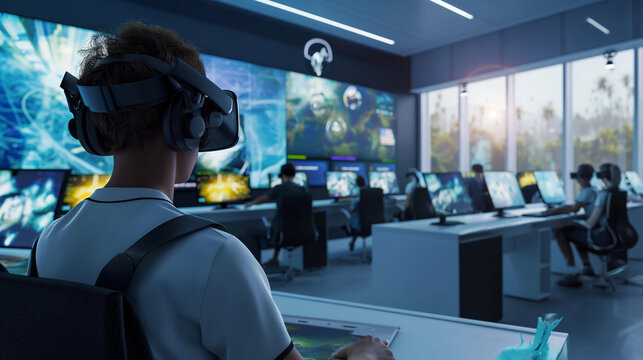 Students using virtual reality in a futuristic classroom, advanced technology learning environment