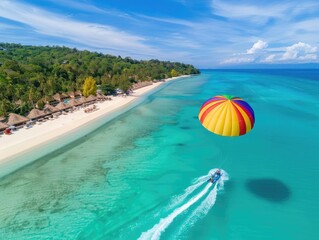 A picturesque beach resort with nonessential activities like parasailing and private cabanas, offering a paradise of relaxation and enjoyment