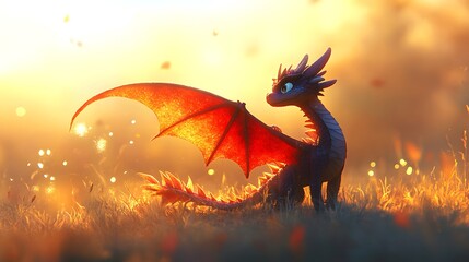 A purple dragon stands in tall grass with its wing outstretched, gazing into the golden sunset.