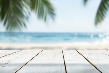 White wooden table top with blurred beach background for product display presentation