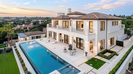 Fototapeta premium A luxury real estate open house with a panoramic view of a modern mansion, potential buyers admiring sleek interiors, and a sprawling backyard oasis