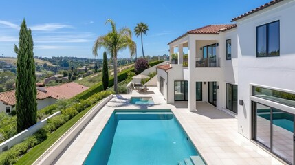 Fototapeta premium A luxury real estate open house with a panoramic view of a modern mansion, potential buyers admiring sleek interiors, and a sprawling backyard oasis