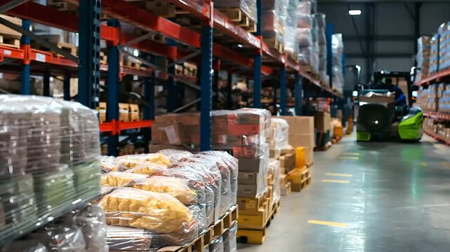 A detailed view of shrink-wrapped food packages on a pallet, ready for distribution in a bustling warehouse setting