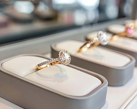 A luxury jewelry store displaying nonessential diamonds and gemstones, sparkling under elegant lighting and enticing admiration