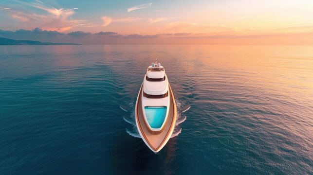 A luxurious yacht sailing on calm seas, adorned with nonessential amenities like jacuzzis and lavish dining areas, symbolizing opulence and leisure