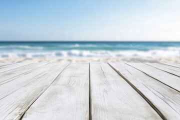 Fototapeta premium White wooden table top with blurred beach background for product display presentation