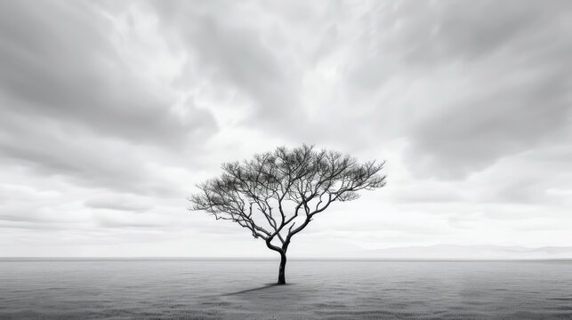 A lone tree in an empty field, its branches reaching out like hands grasping for forgotten memories lost to the winds of change