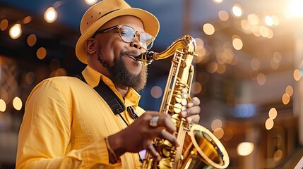 A jazz musician passionately playing the saxophone on a dimly lit stage, notes flowing spontaneously in a soulful improvisation