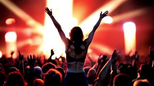 Girl Silhouette, party or crowd in a underground club, concert dancing with freedom in crazy rock music festival at night. Audience, nightclub and excited people , red light rave or punk disco event
