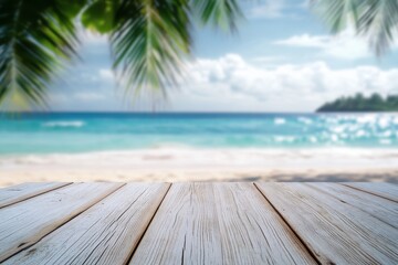 White wooden table top with blurred beach background for product display presentation