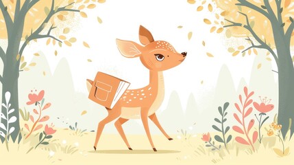 Obraz premium cute deer walks to school with a book AI generated