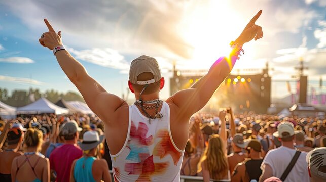 A dynamic music festival where vendors sell band merchandise, fans enjoying live performances, and the energy of music uniting a diverse crowd