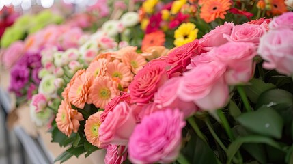 A colorful flower festival where local growers sell exquisite blooms, florists crafting stunning arrangements, and visitors immersing in floral beauty