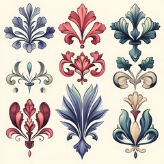 Set of vintage floral elements with red, blue, and green colors on a white background.