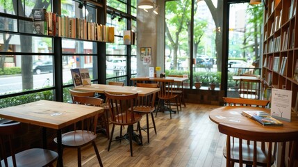 A charming book cafe where patrons lend novels to fellow readers, enjoying the aroma of freshly brewed coffee and the joy of shared literary adventures