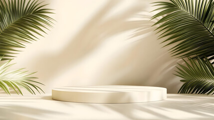Beige pastel background for product presentation with shadow tropical palm leaves and light Podium stage pedestal platform for cosmetic product Empty square podium Mockup : Generative AI