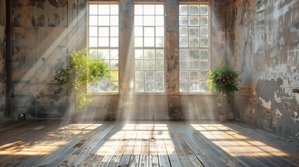 Old and abandoned room with three big windows and plants