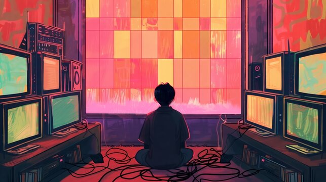 A powerful image of modern isolation, showing a lone person lost among multiple screens.