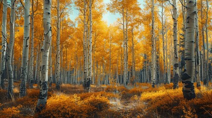 Obraz premium Golden autumn aspen forest with birch trees and vibrant foliage illuminated by soft sunlight