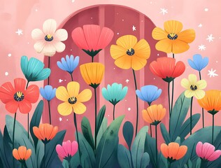 Naklejka premium Colorful flowers with pink background and white stars.