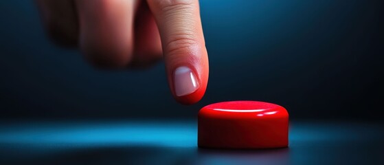 Finger Pressing Red Button in a Dark Room Close-up