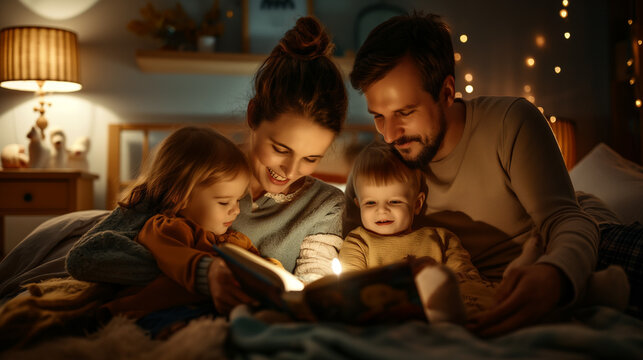 Loving family reading bedtime story together in cozy room with warm lighting