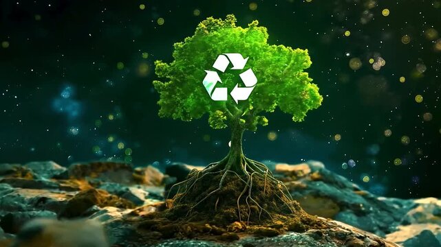 Experience the visual impact of a tree growing from a recycling logo on the Earth&rsquo;s surface, the roots spreading awareness about the need for global sustainability efforts