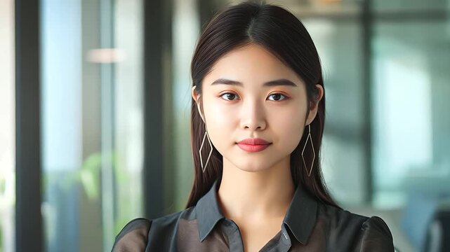 Experience the poised confidence of a young Asian businesswoman in a stylish blouse and skirt, her assured demeanor