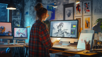 Young digital artist working on graphic design in creative studio, focused atmosphere