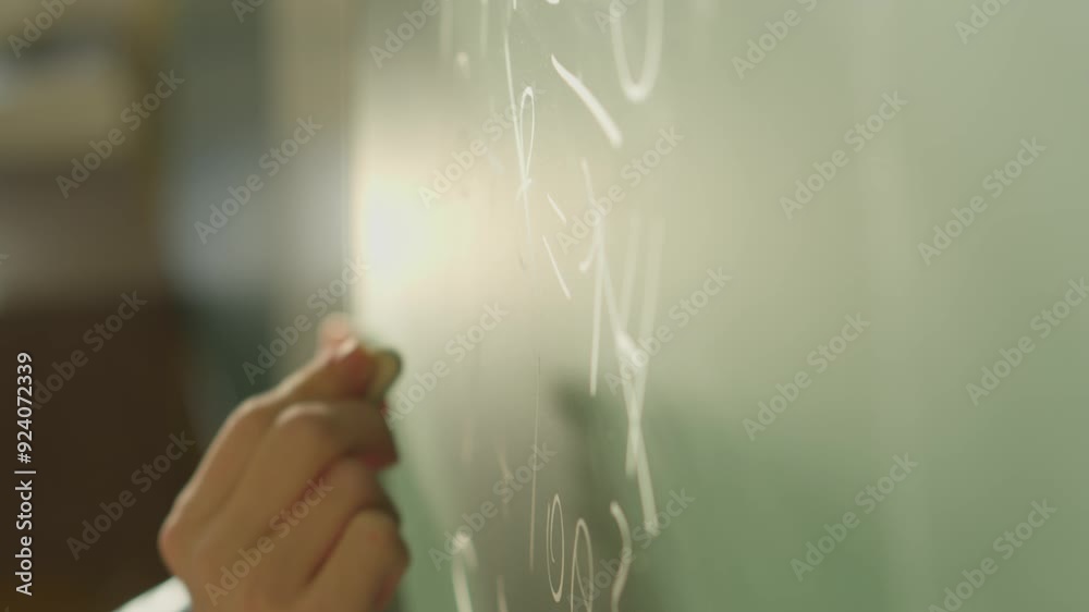 Poster The image depicts a closeup of a hand writing mathematical equations on a chalkboard in a classroom, illustrating concepts related to education, learning, teaching, and mathematics