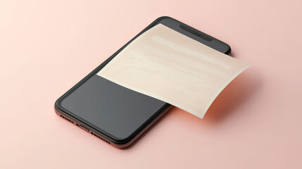 "A 3D render of a mobile phone viewed at an angle with a paper financial bill in front, illustrating the concepts of online payment, digital invoices, and paychecks. The smartphone displays