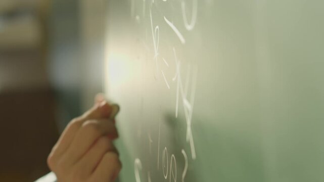 The image depicts a closeup of a hand writing mathematical equations on a chalkboard in a classroom, illustrating concepts related to education, learning, teaching, and mathematics