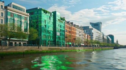 Obraz premium The emerald hue of the water reflects the colorful buildings beside it on a clear day