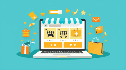 Naklejka premium an online store on the laptop screen, shopping cart icons, and elements related to e-commerce in a flat design style