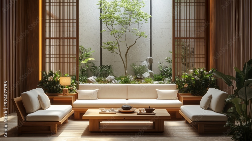 Poster Modern Japanese-style interior with a tranquil garden view during daylight